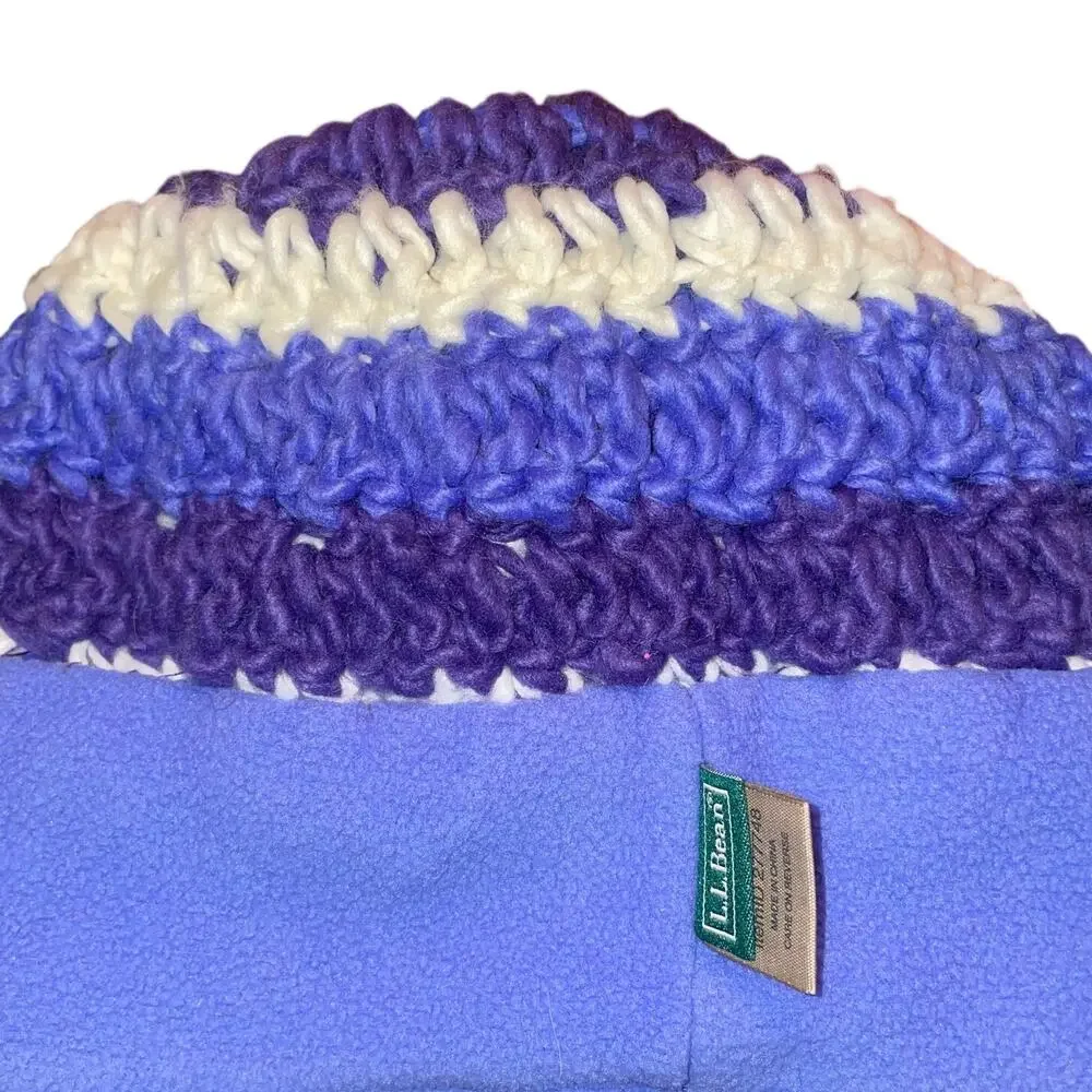 LL Bean Kids Medium Beanie Hat Blue Purple Knit Pom Fleece Lined Winter Ski Cap